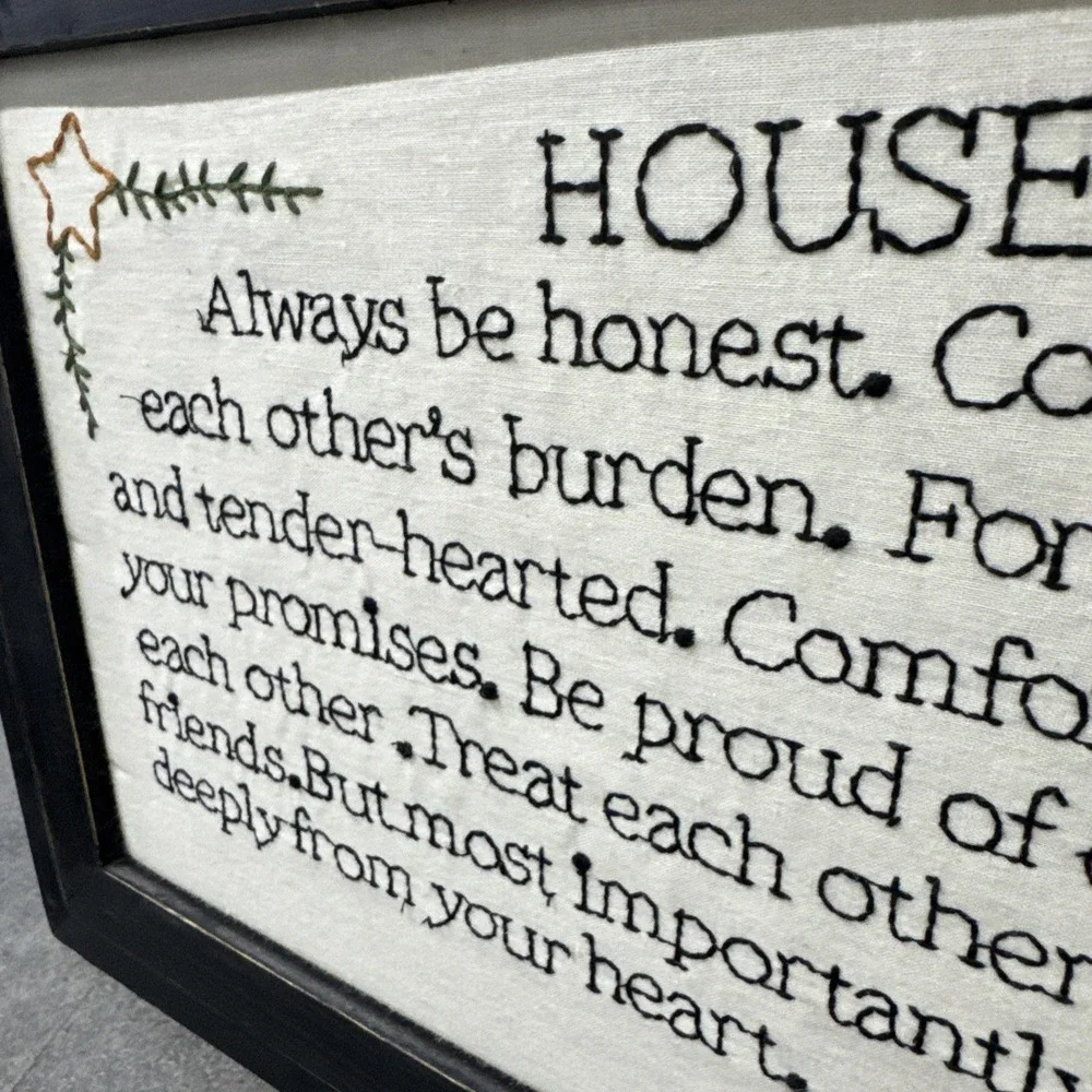 HOME Decor Framed House Rules Hand Embroidery Crewel‎ Family Love Respect Rustic